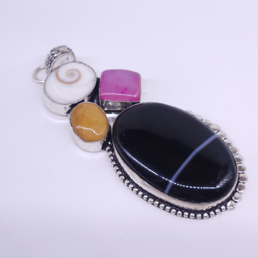 Unique Black Agate & Shiva Eye Pendant with Pink & Yellow Accents - 20" Silver